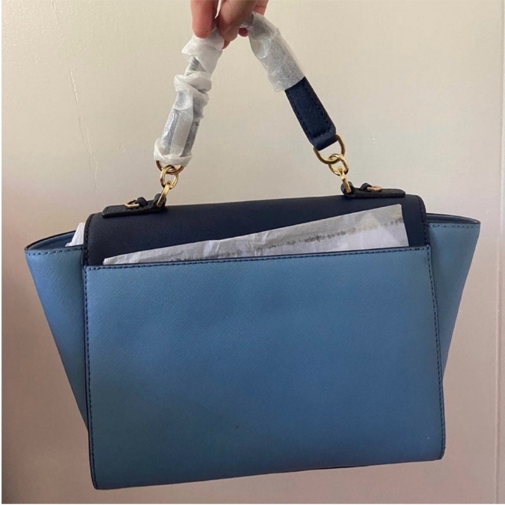 Michael Kors Tina Medium Leather Satchel Shoulder Handbag Sky/Navy - Picture 6 of 9